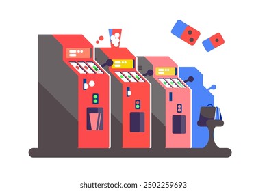 Casino slot machines in action. Vector illustration of gambling machines, entertainment, and gaming concept.