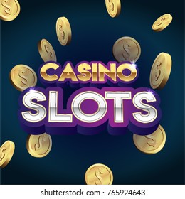 Casino slots 3d text sign with falling golden coins, design elements