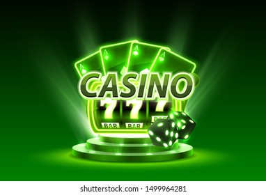 Casino slots 777 banner winner, scene podium. Vector illustration