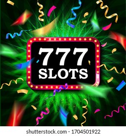 Casino slots banner. Casino congratulations frame, golden win congratulating framed sign and winning gold confetti. Surprise winning, achievement or prize gift notification poster vector illustration