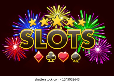 Casino slots, banner on red background with icons, stars and fireworks, background game screensaver. Vector illustration