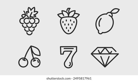 Iconos de tragamonedas de casino. Casino tragamonedas de moda conjunto de iconos mínimos. Uvas, fresa, limón, cerezas, Lucky 7, icono de diamante. Signos de diseño para la página de Web, App móvil, diseño de embalaje. Ilustración vectorial