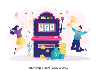 Casino slots machine, jackpot fortune of luck. Lottery generator. Lucky man and woman with profit. Couple celebrating and jumping win money coins. All sevens spin combination on one-armed bandit.