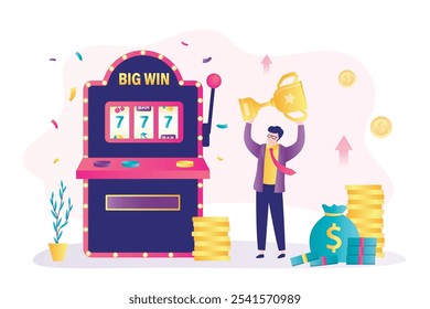 Casino slots machine, jackpot fortune of luck. Lottery generator. Lucky man with profit. Happy guy celebrating win money, gold coins. All sevens spin combination on one-armed bandit. flat vector