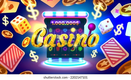 Casino slots machine winner, jackpot fortune of luck, 777 win banner. Vector illustration