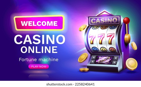 Casino slots machine winner, jackpot fortune of luck, 777 win banner. Vector illustration