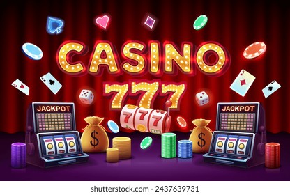 Casino slots machine winner, jackpot fortune, win banner. Vector illustration