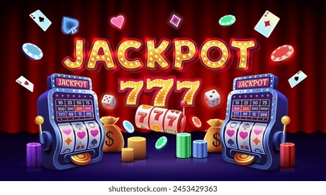 Casino slots machine winner, jackpot fortune, win banner. Vector illustration