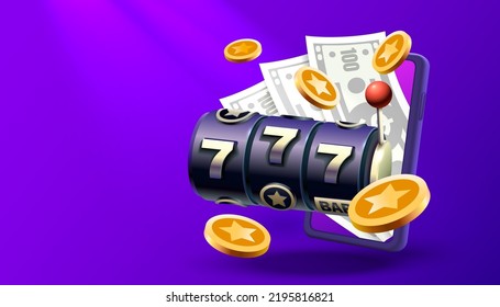 Casino slots machine winner, online games phone, 777 win banner. Vector illustration