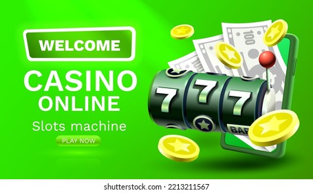 Casino slots machine winner, online games phone, 777 win banner. Vector illustration