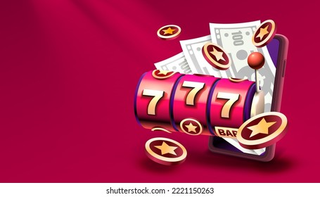 Casino slots machine winner, online games phone, 777 win banner. Vector illustration