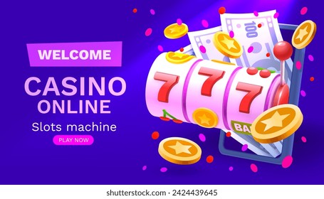 Casino slots machine winner, online games phone, 777 win banner. Vector illustration