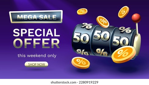 Casino slots mega sale 50 off banner, promotion flyer, Special offer. Vector illustration