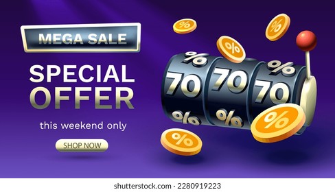 Casino slots mega sale 70 off banner, promotion flyer, Special offer. Vector illustration