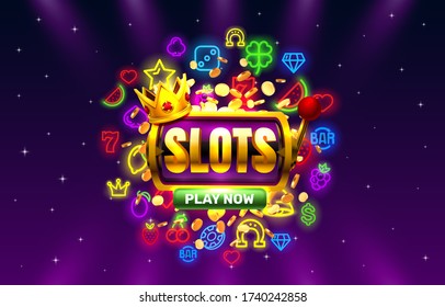 Casino slots neon icons, golden slot sign machine, night Vegas. Vector illustration
