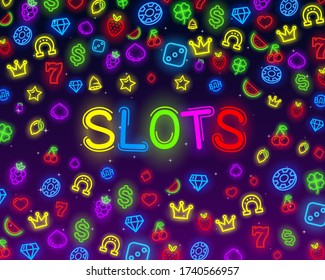 Casino slots neon icons, golden slot sign machine, night Vegas. Vector illustration