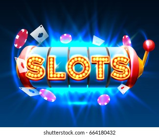 Casino Slots Object On The Blue Background, Signboard Banner. Vector Illustration