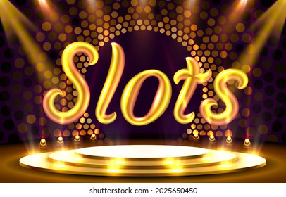 Casino Slots spins, Podium scene game. Vector illustration.