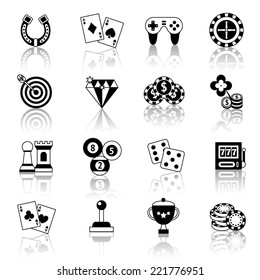 Casino smart and video games black and white icons set with horseshoe chess chips isolated vector illustration