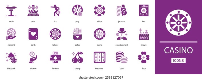 Casino solid icon set featuring chips, cards, slots, dice, roulette, jackpot, betting, and gambling symbols designed for gaming, entertainment, and digital apps.
