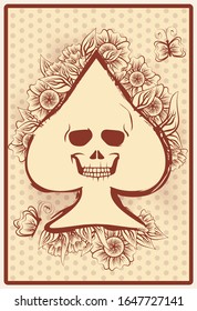 Casino spades poker card with skull and flowers, vector illustration