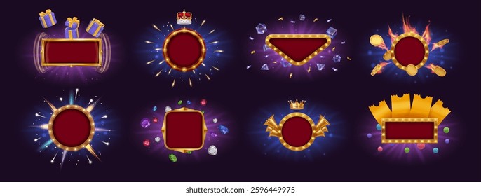 Casino special offers and promotion labels with crowns, gemstones and diamonds. Vector realistic banners with coins and presents, spinning frames with light, trumpets and burst of light
