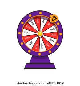 Casino spinning fortune wheel on pedestal with small spotlight, money prize winning amount and arrow isolated on white background. Lucky roulette for gambling and win jackpot. Vector illustration