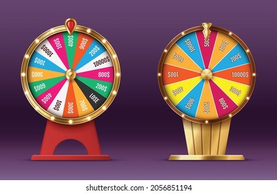 Casino spinning fortune wheel realistic. Rotating roulette, lottery game isolated. Gambling business and game of luck playing element. 3d vector illustration