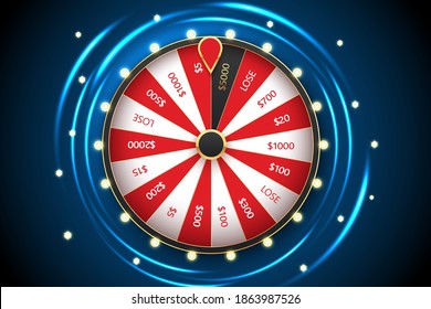 Casino spinning fortune wheel vector banner template. Rotating roulette, lottery game poster layout. Jackpot Big Win lightbulbs glowing sign. Gambling business. Game of luck playing