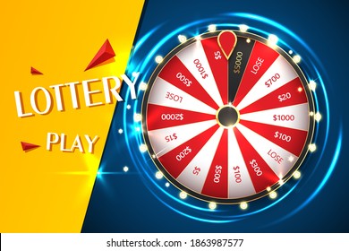 Casino spinning fortune wheel vector banner template. Rotating roulette, lottery game poster layout. Jackpot Big Win lightbulbs glowing sign. Gambling business. Game of luck playing