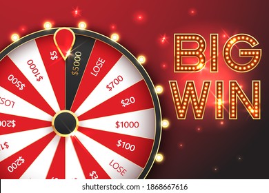 Casino spinning fortune wheel vector banner template. Rotating roulette, lottery game poster layout. Jackpot Big Win lightbulbs glowing sign. Gambling business. Game of luck playing