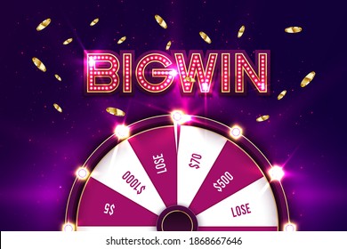 Casino spinning fortune wheel vector banner template. Rotating roulette, lottery game poster layout. Jackpot Big Win lightbulbs glowing sign. Gambling business. Game of luck playing