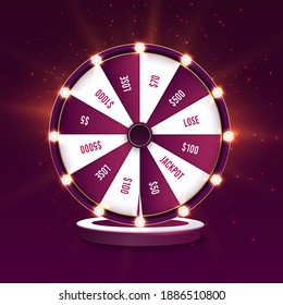 Casino spinning fortune wheel vector banner template. Rotating roulette, lottery game poster layout. Jackpot Big Win lightbulbs glowing sign. Gambling business. Game of luck playing