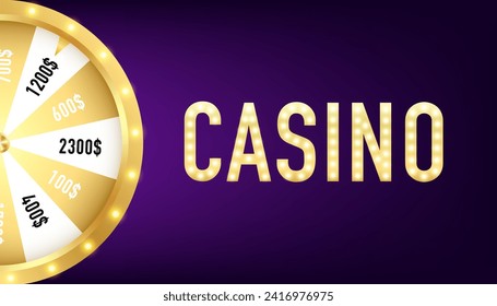 Casino spinning fortune wheel vector banner template. Rotating roulette, lottery game poster layout. Jackpot Big Win light bulbs glowing sign. Online casino lucky game. Vector illustration