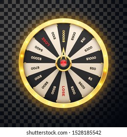 Casino spinning lucky wheel vector realistic illustration. Rotating fortune 3d roulette, lottery game isolated on transparent background. Gambling, game of luck playing design element