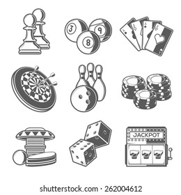 Casino Sport and Leisure Games Icons (Chess, Billiard, Poker, Darts, Bowling, Gambling Chips, Pinball, Dice and Slot Machine). Black Outline Style. Vector Illustration.