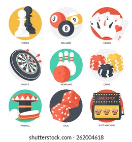 Casino Sport and Leisure Games Icons (Chess, Billiard, Poker, Darts, Bowling, Gambling Chips, Pinball, Dice and Slot Machine). Flat Style. Clean Design. Vector Illustration.