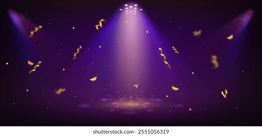 Casino spotlight stage for award hall. Movie night fame. Broadway showtime luxury scene. Illuminated disco theater show event. Festive congratulation with gold confetti and spot light for winner