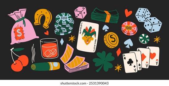 Conjunto de adesivos de casino, pôquer e jogos de azar. Slots de desenho animado retro, jackpot, jogar cartas, sorte e dinheiro. Formas de cartão de papel ás e coringa.