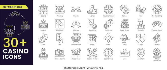 Colecciones de iconos de Casino Stroke. Conteniendo bingo, croupier, dados, tarjetas de póquer, puerta, cartas de juego, ruleta de casino, regalo, mesa de póquer, ficha, dados, ficha de póquer, tarjeta. Colección de iconos de esquema editable.