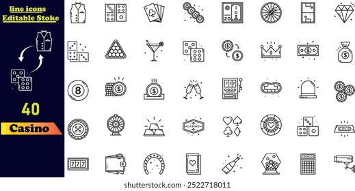 Casino stroke icon set featuring bingo, croupier, dice, poker cards, entrance, playing cards, roulette wheel, gifts, poker table, chips, and more. Editable outline icon collection.