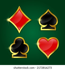 Casino suits - hearts, diamonds, clubs, spades, with shiny gold strokes