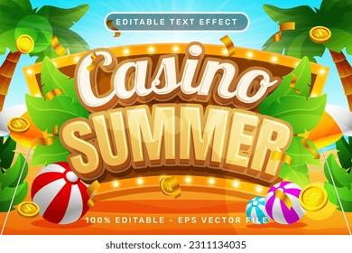 efecto de texto 3d del verano del casino y efecto de texto editable con ilustración del verano en la playa