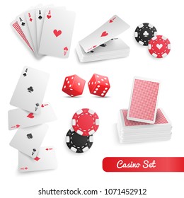 Casino supply realistic accessories set with playing cards set poker chips and dices white background vector illustration 
