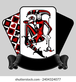 Casino symbol with ribbon banner and Joker playing card in color engraving style. Vector illustration