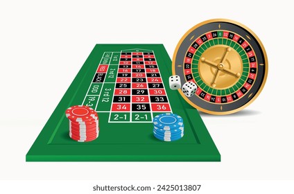 Casino symbol. Roulette with chips, table and dice on a white background. Vector realistic 3d illustration