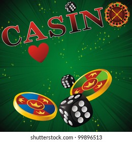 casino symbols roulette wheel, dice and chips on green strip background