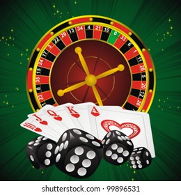 casino symbols roulette wheel, dice and cards on green strip background