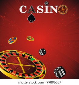 casino symbols roulette wheel, dice and chips on red strip background