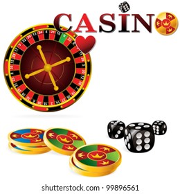 casino symbols roulette wheel, dice and chips on white background
